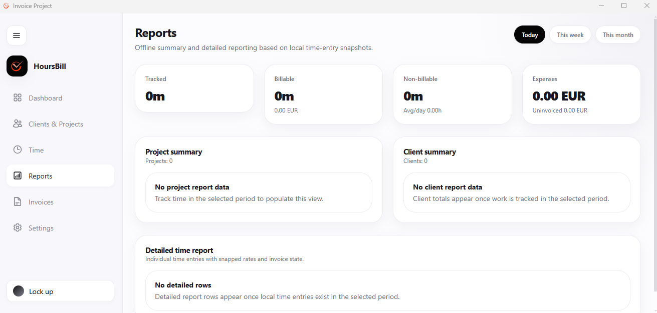 Hoursbill Reports screen with Tracked, Billable, Non-billable and Expenses summary cards, Project summary and Client summary panels, and a Detailed time report section listing individual time entries.