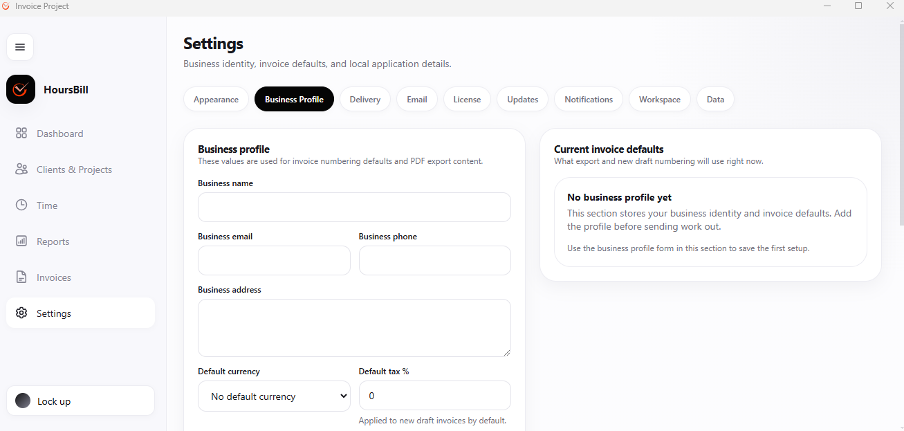 Hoursbill Settings screen with the Business Profile tab active, showing empty form fields for business name, email, phone, address, default currency and default tax percentage, with a note that invoice numbering defaults depend on this profile.