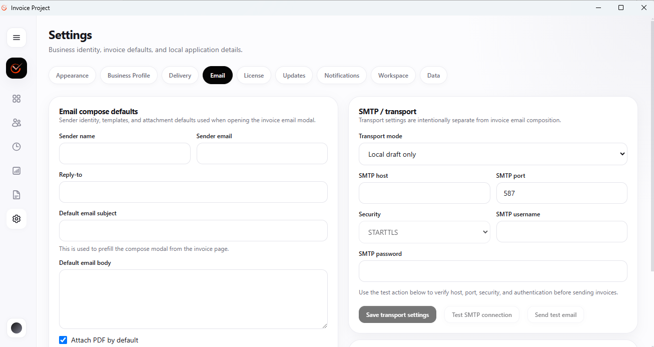 Hoursbill Settings Email tab showing Email compose defaults on the left (sender name, sender email, reply-to, subject, body, attach PDF checkbox) and SMTP transport settings on the right (host, port, security, username, password, test buttons).